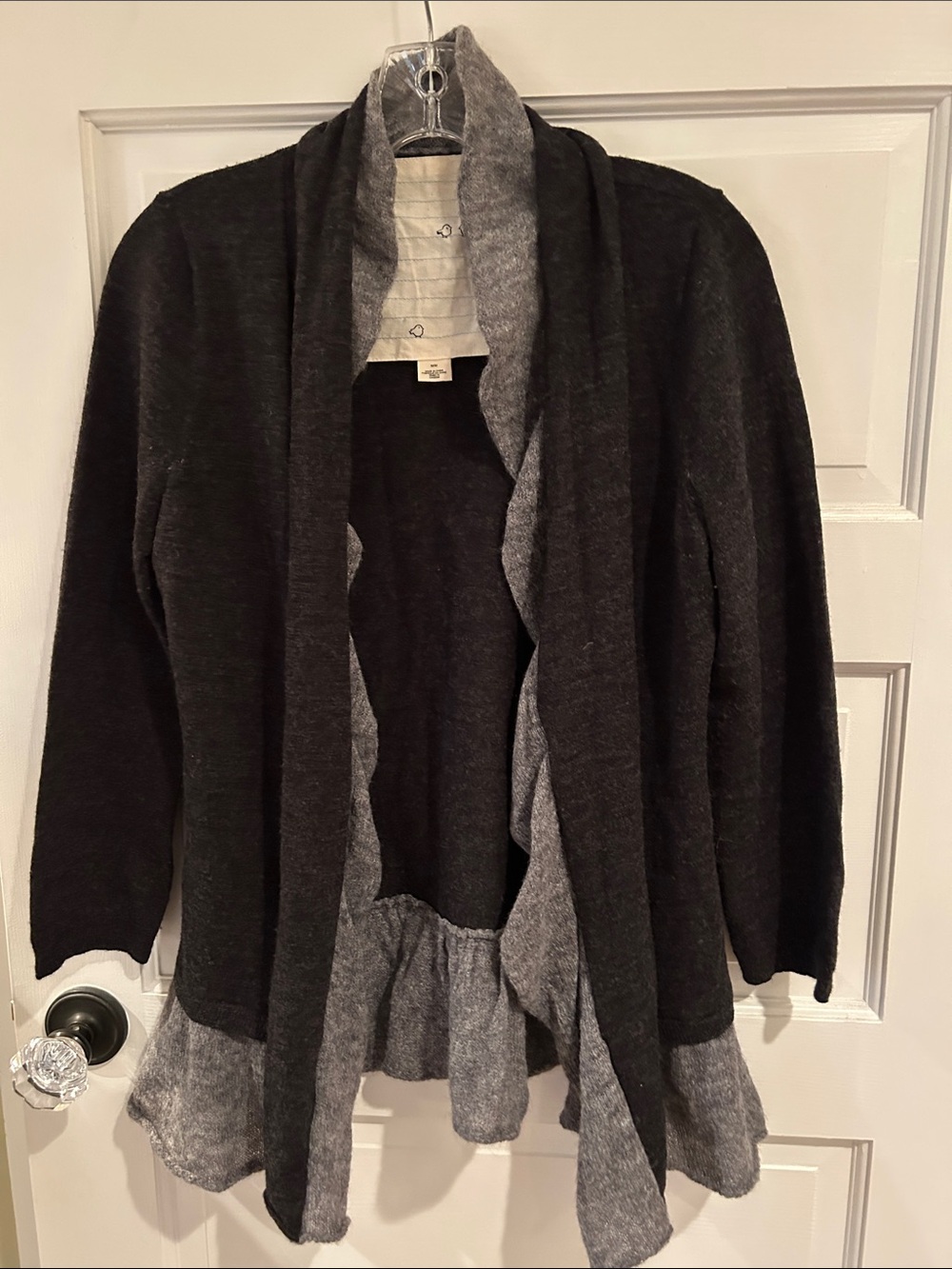 Anthropologie Two-Tone Charcoal and Light Gray Ruffle-Trim Open Cardigan